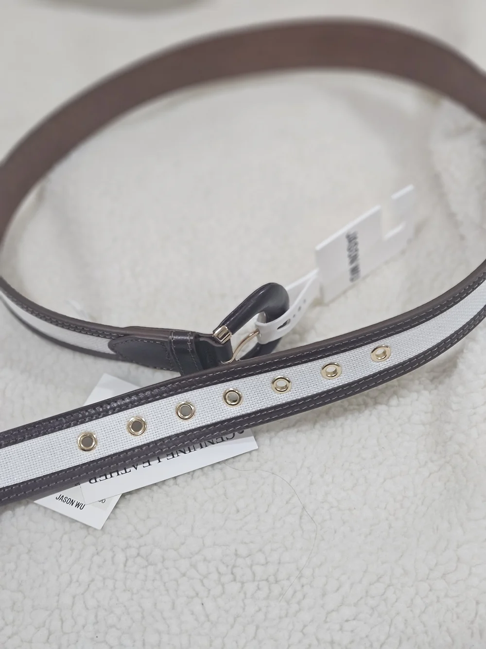 Jason Wu Men’s Brown Leather Belt with White Canvas Inlay Lg